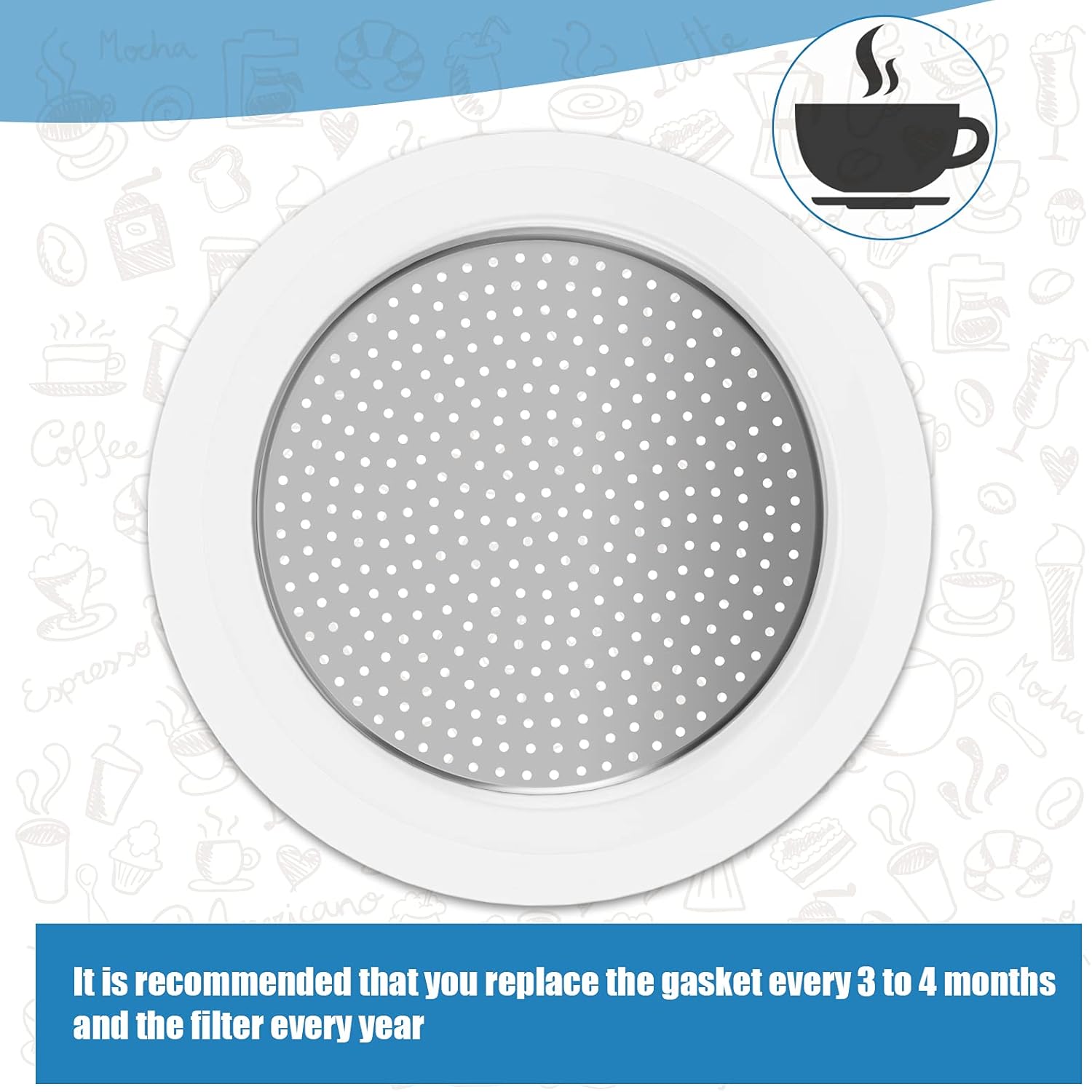 6 Pieces Moka Pot Replacement Cup Gasket with 2 Pcs Stainless Filter Silicone Moka Express Replacement Seals Funnel Kits Compatible Espresso Coffee Maker Parts(2-cup)