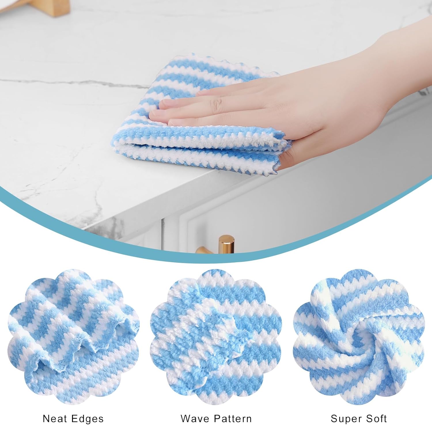 Homaxy 24 Pack Kitchen Dish Cloths, Ultra Soft and Absorbent Dish Towels, Reusable Fast Drying Microfiber Cleaning Cloth, Coral Velvet Wave Design No-lint, 10 x 10 inches, Blue