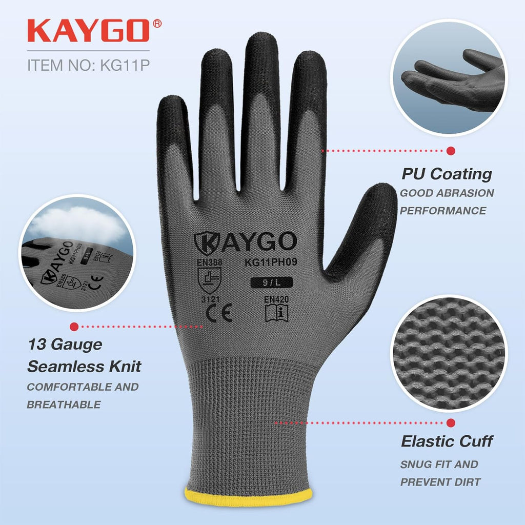 KAYGO Safety Work Gloves PU Coated-12 Pairs KG11PB Seamless Knit Glove with Polyurethane Coated Smooth Grip on Palm & Fingers for Men and Women, Gray,Large