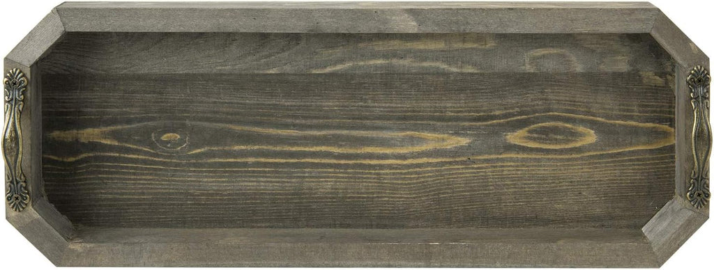 MyGift Wooden Vanity Tray, Rustic Gray Solid Wood Toilet Tank Tray - Decorative Octagonal Cosmetic Organizer with Antique Metal Handles