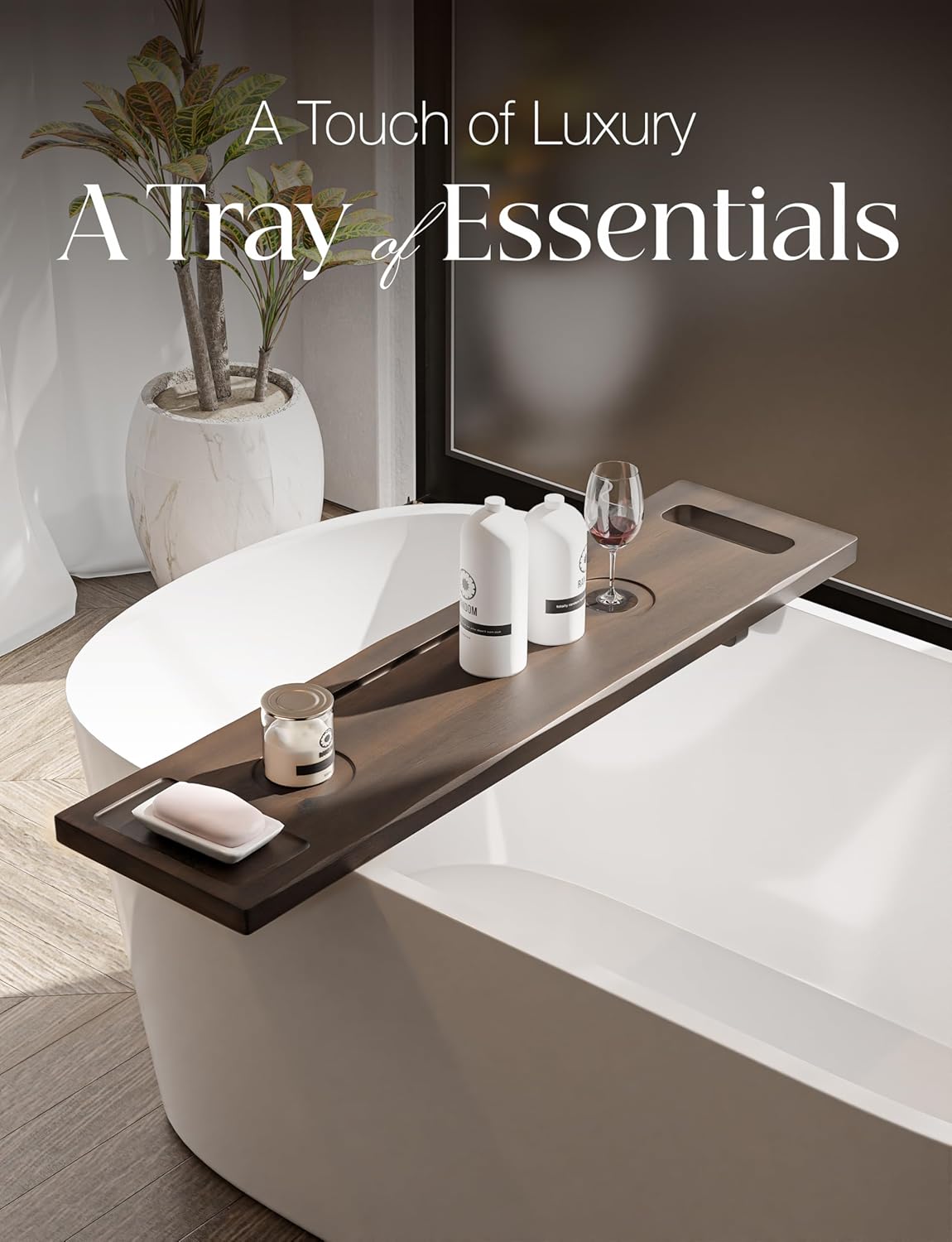 Tinamo Acacia Bathtub Tray Caddy with Adjustable Legs - Bath Tub Tray for Freestanding Tubs - 39x9.75 Inch Large Wooden Anti-Tipping Tub Tray for Bathtub with Accessories Holders (Walnut, 39x9.75)