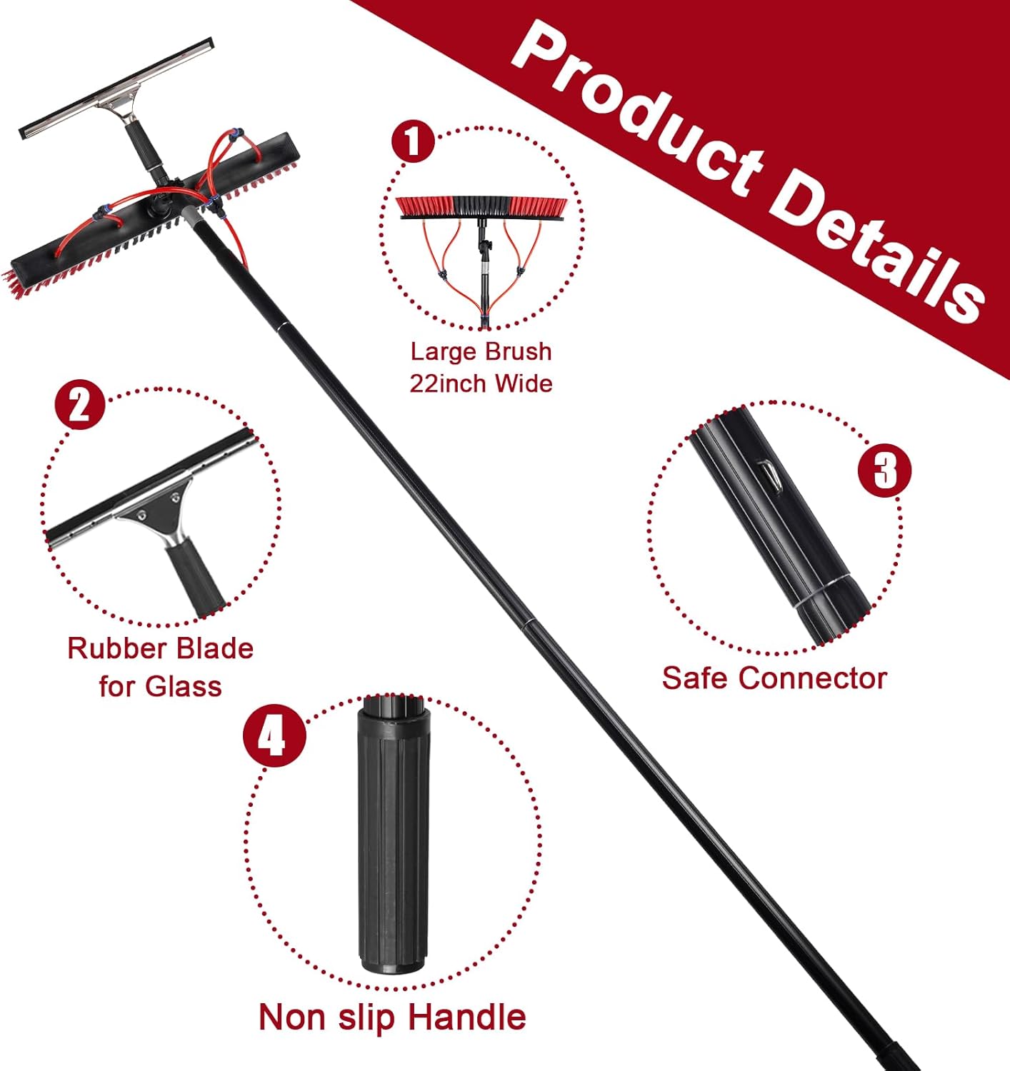 16.5ft/5m Water Fed Pole Kit, Solar Panel Cleaning & Squeegee Kit, Aluminum Extendable Pole, 22in Wide Brush, Bendable Dusting Brush, Outdoor Window Washing Equipment Tool