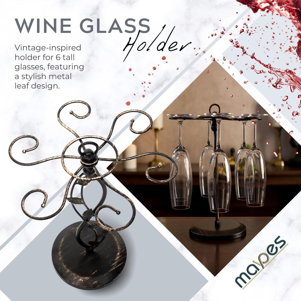 Wine Glass Rack – Elegant and Vintage-Inspired Wine Glass Holder for 6 Tall Glasses – Beautiful Leaf Design Wine Racks Countertop – Durable Metal Wine Glass Storage Rack – 9.5 x 9.5 x 13-inch
