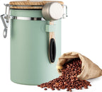 Airtight Coffee Canister 1.8L with Wooden Lid Scoop Set, 304 Stainless Steel Food Storage Container with CO₂ Valve, for Beans, Grounds, Tea, Sugar, Flour, Nuts (Green,1.8L)