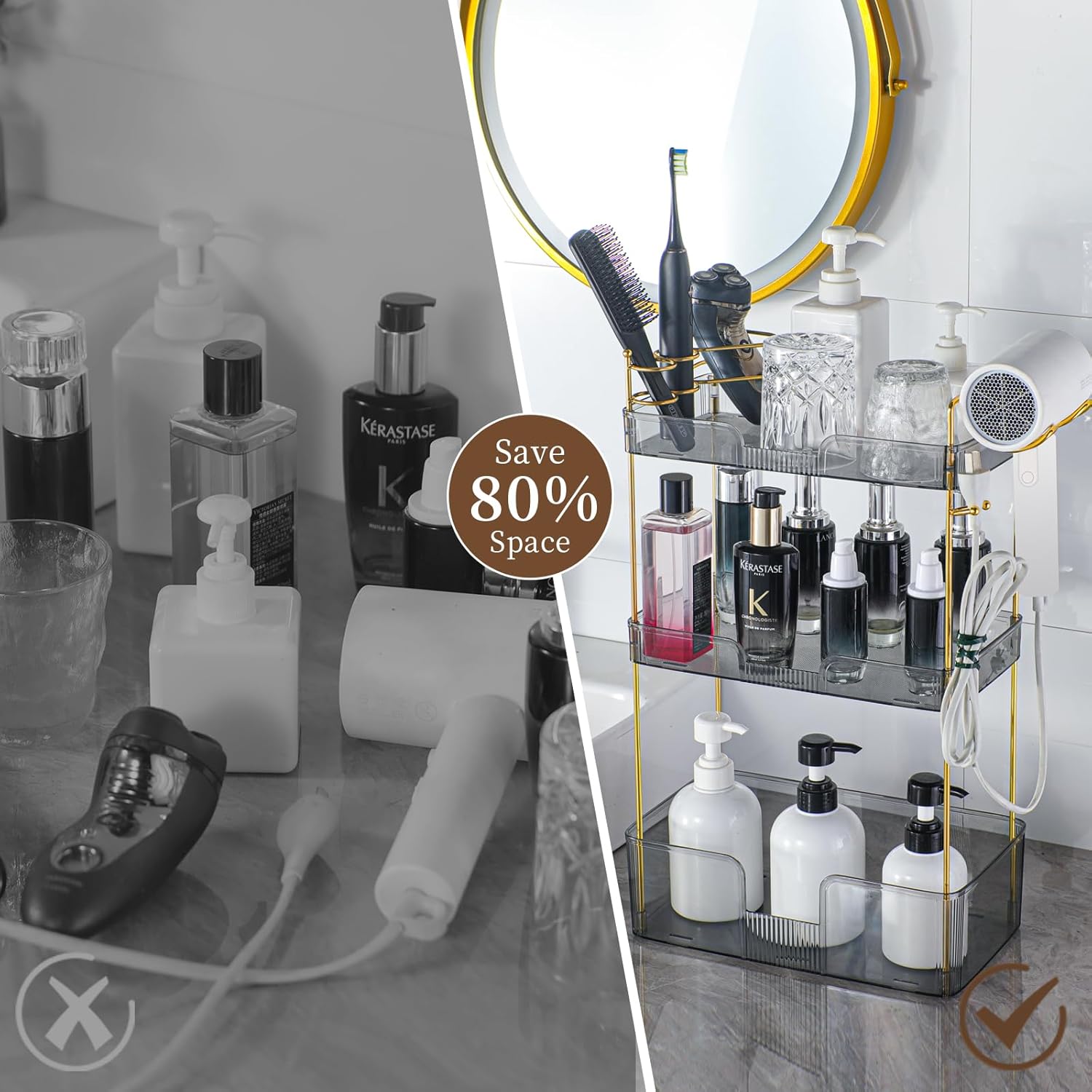 YCIA&DONE Bathroom Counter Organizer, Large Makeup Organizer Countertop, Shelf Storage, Vanity Tray, Easily Assemble for Bathroom Organizers and Storage, Undersink, Cabinet, 3 Tiers Grey