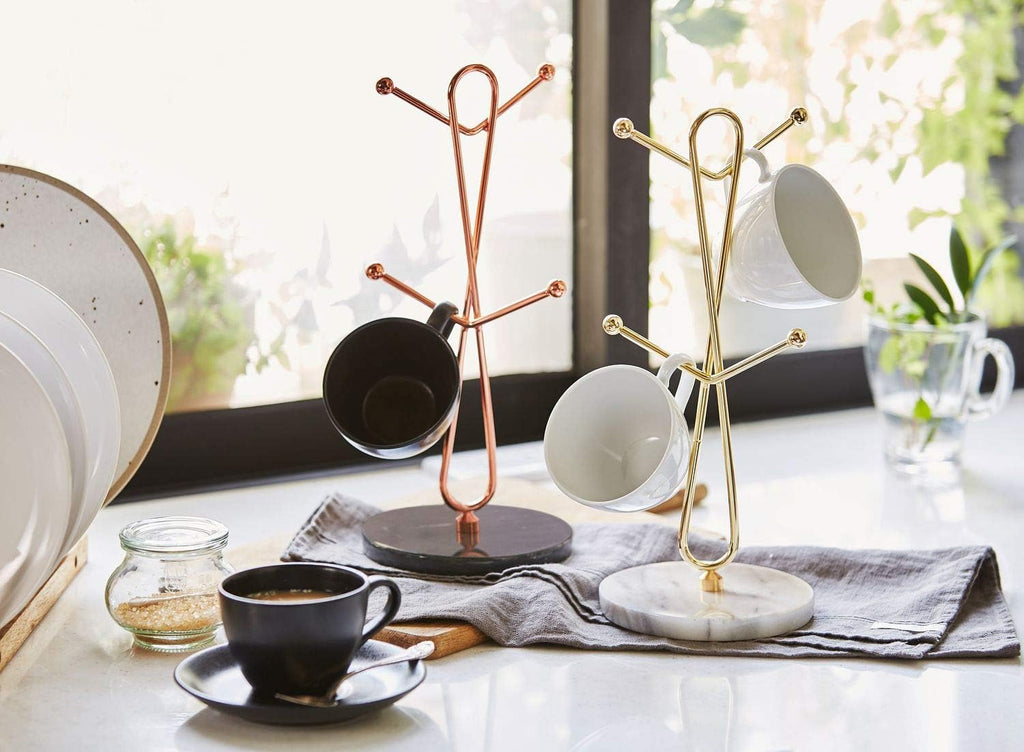 JEmarble Mug Holders with Copper Plated Standing - White Countertop Mug Tree, Coffee & Tea Cup Storage Rack, Coffee Counter Bar Accessory & Kitchen Organizer