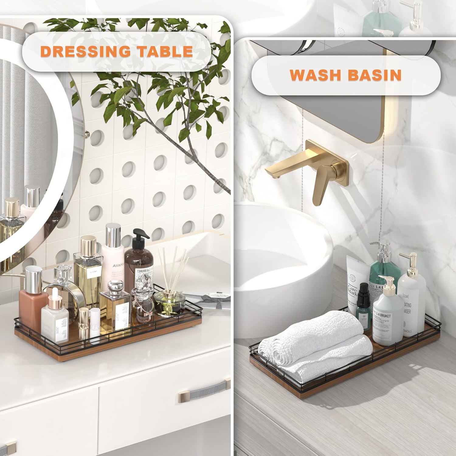 Oak Bathroom Toilet Tank Tray, 13" Wood Back of Toilet Paper Storage Tank Topper Basket, Vanity Tray for Perfume Makeup Candle Toiletry Organizer for Kitchen Coffee Table Walnut Tray Decor