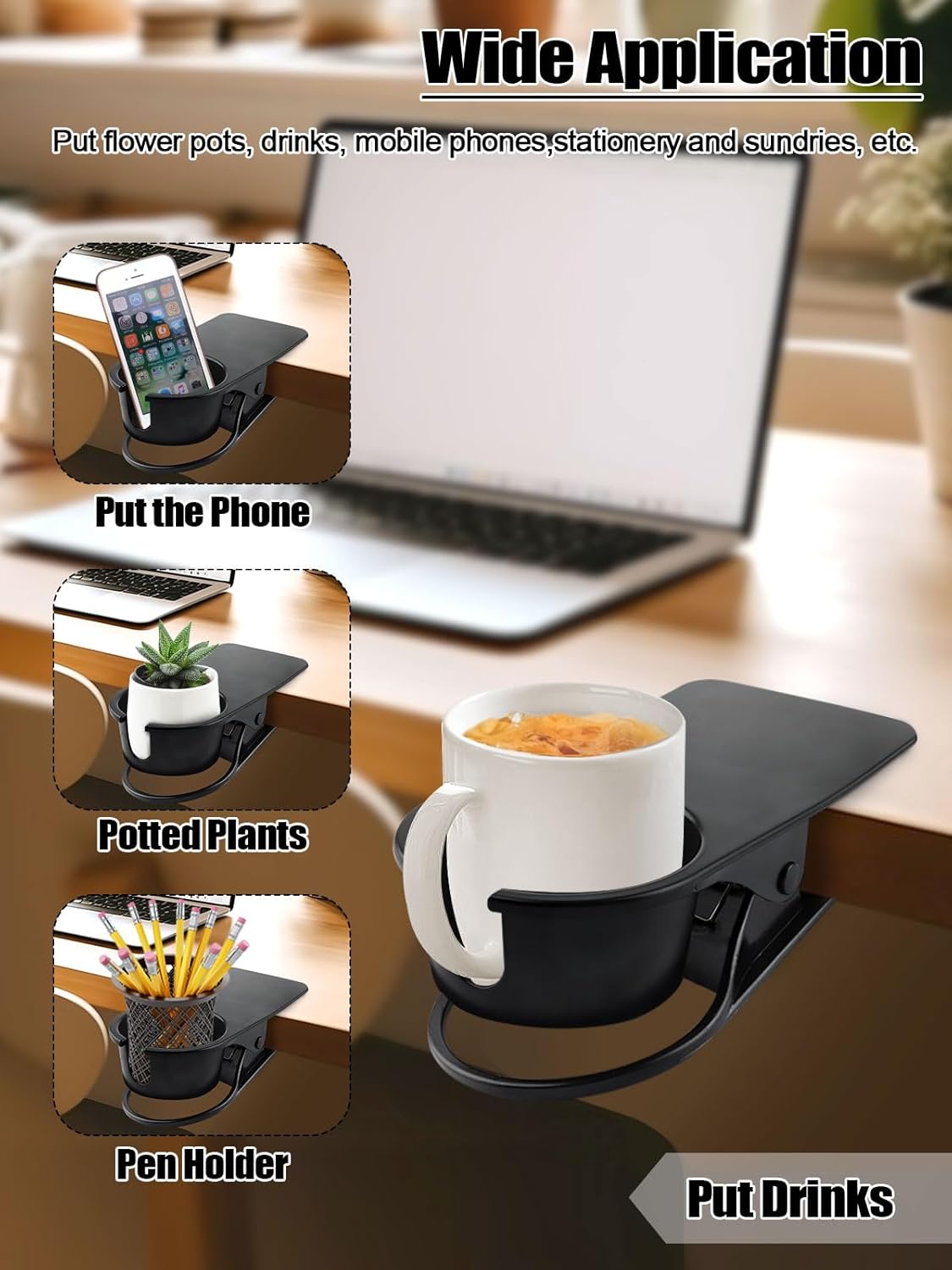 2PCS Drinking Cup Holder Clips, Kalolary Table Edge Cup Holder Clip Water Coffee Mug Holder Clip Desk Bottle Cup Stand Clip with Groove for Home & Office & Schoo (Black New)