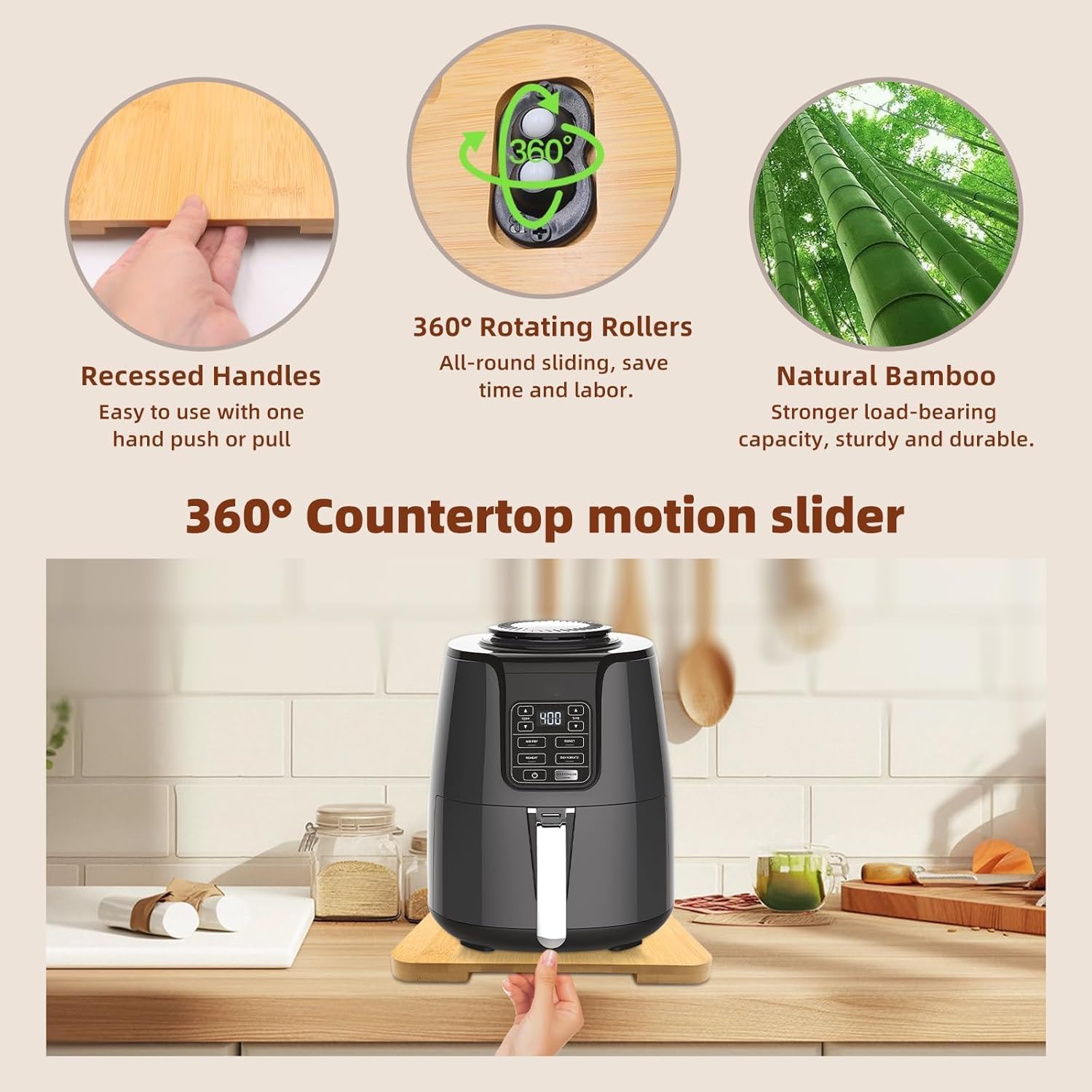 360° Rolling Tray Bamboo Appliance Slider, Appliance Sliders for Kitchen Appliances Sliding Tray for Coffee Maker Appliances Mat Easily from Under The Cabinet Natural(13.9"×9.4")