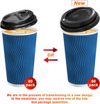80 Pack 16 oz Disposable Coffee Cups with Lids and Straws, Insulated Ripple Wall To Go Paper Coffee Cups for Coffee, Hot Chocolate and Hot Tea Drinks - Navy