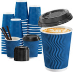 90 Pack 12 oz Disposable Coffee Cups with Lids and Straws, Insulated Ripple Wall To Go Paper Coffee Cups for Coffee, Hot Chocolate and Hot Tea Drinks - Navy