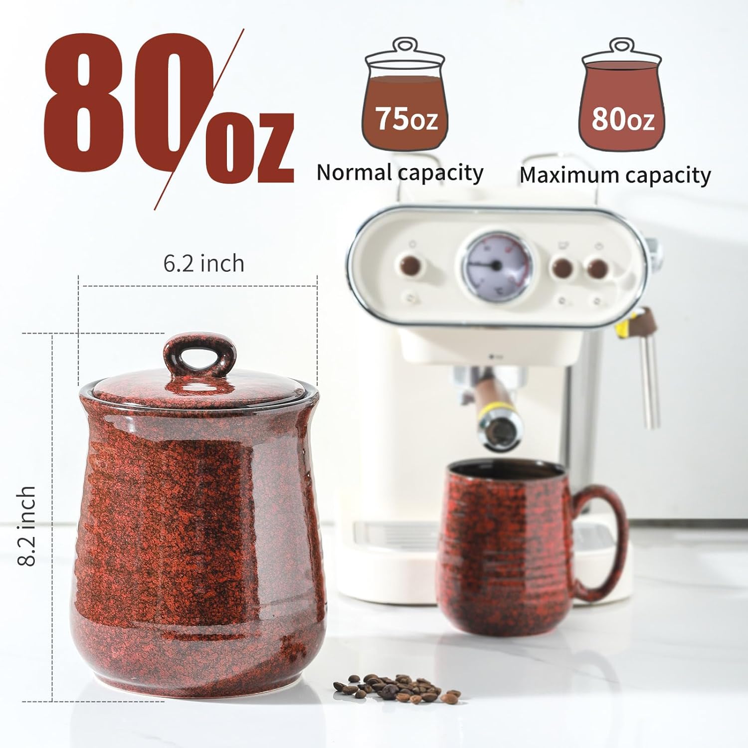 Hasense Coffee Grounds Container with Airtight Lid, Ceramic Food Storge Canister for Kitchen, Large Candy Dish for Countertop, Jar for Tea, Cookies, Sugar, Coffee Bean, 80 FL OZ(Red)
