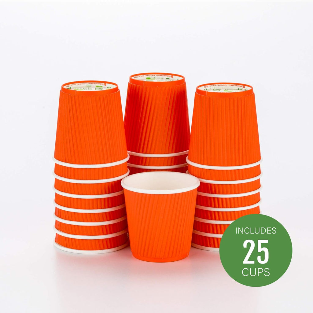 Restaurantware 4 Ounce Paper Cups, Pack of 25 Ripple Wall Disposable Cups â€“ Leakproof, Recyclable, Tangerine Insulated Hot Beverage Holders, with Matching Lids Available for Purchase Separately