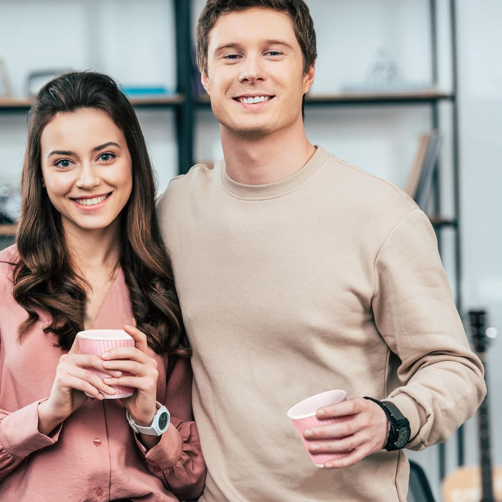 Yaomiao 200 Pcs 4 oz Disposable Espresso Coffee Cups Ripple Corrugated Paper Insulated Hot Cups for Party Cold Drinks Hot Beverage Tea(Pink)