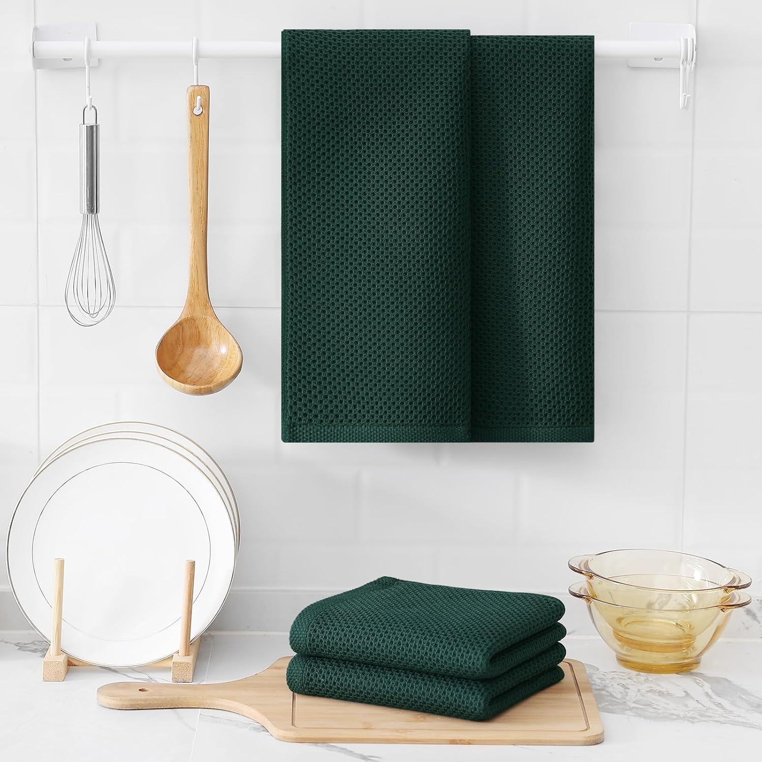 Kitinjoy 100% Cotton Waffle Weave Kitchen Towels, 4-Pack Super Soft and Absorbent Dish Towels for Drying Dishes, Kitchen Hand Towels, 13 in x 28 in, Blackish Green