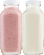 kitchentoolz 16oz Square Glass Milk Bottles with Airtight Plastic Lids – Pack of 4 | Reusable Milk Containers for Fridge & Lunchbox Storage – Ideal for Dairy, Smoothies, Juice, Water & More