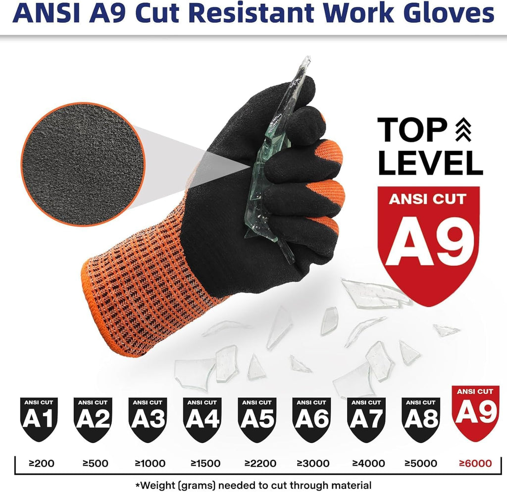 Schwer ProGuard Highest Level Cut Resistant Work Gloves PR3326 for Extreme Protection，ANSI A9 Cut Gloves with Reinforced Thumb, Non Slip, Breathable, Durable, Touch-screen, Non PFAS, Orange 1 Pair（L）