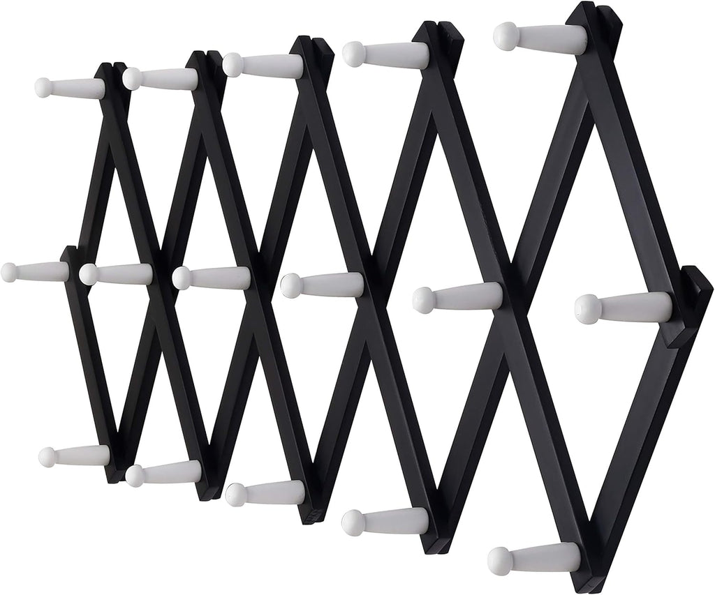 Dseap Accordian Wall Hanger: Wooden Coat Rack Wall Mounted, Hat Racks for Baseball Caps, Mug Rack, 16 Peg Hooks, Black & White