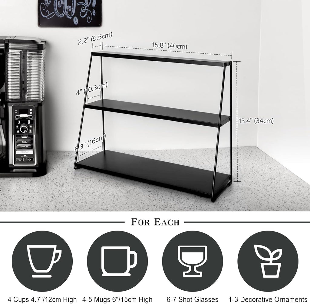 PUERSI Coffee Mug Holder, Metal Mug Display Rack for Countertop, 3 Tier Mug Shelf, Coffee Station Accessories Organizer for Kitchen, Office, Home - Black