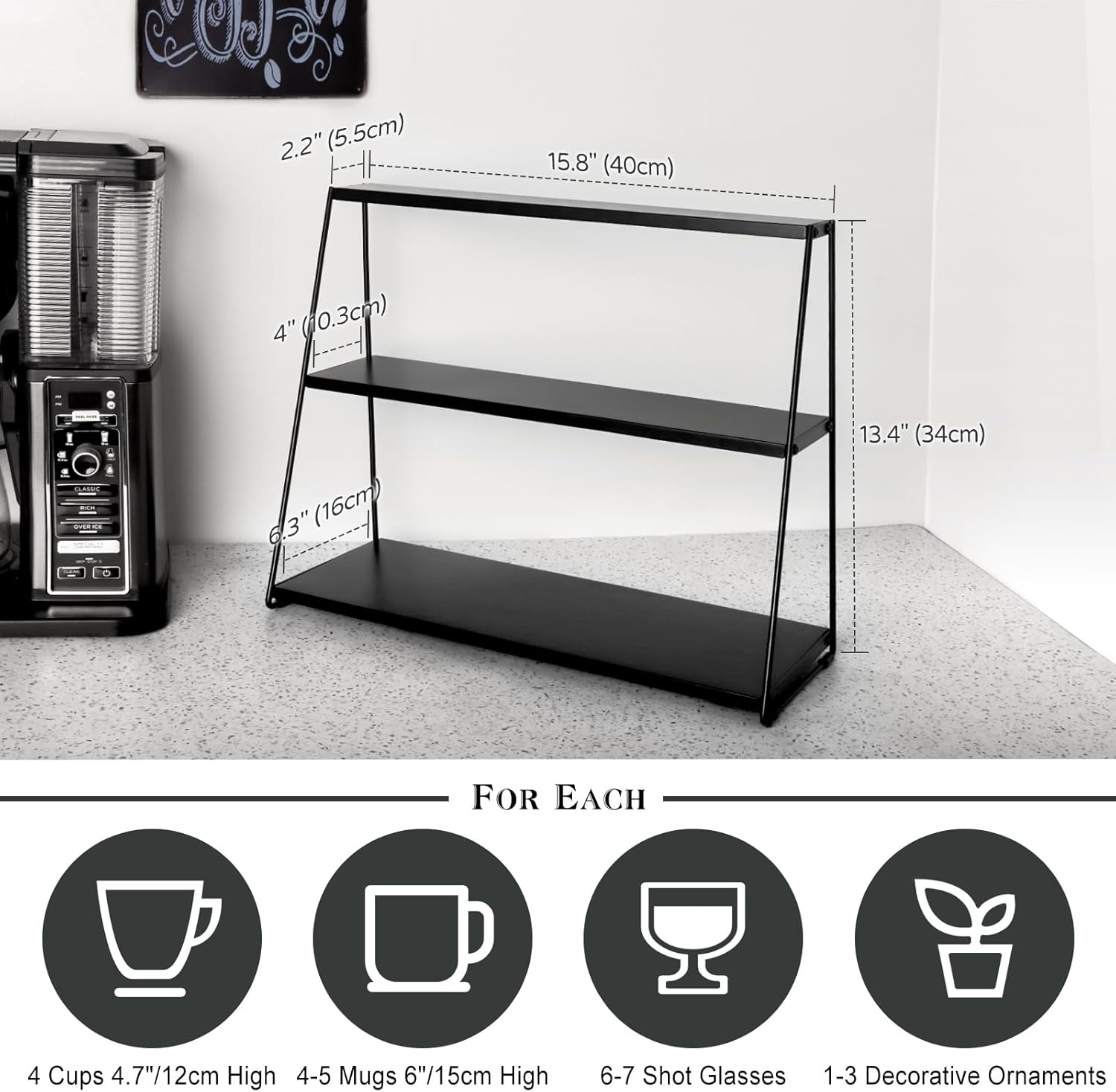 PUERSI Coffee Mug Holder, Metal Mug Display Rack for Countertop, 3 Tier Mug Shelf, Coffee Station Accessories Organizer for Kitchen, Office, Home - Black