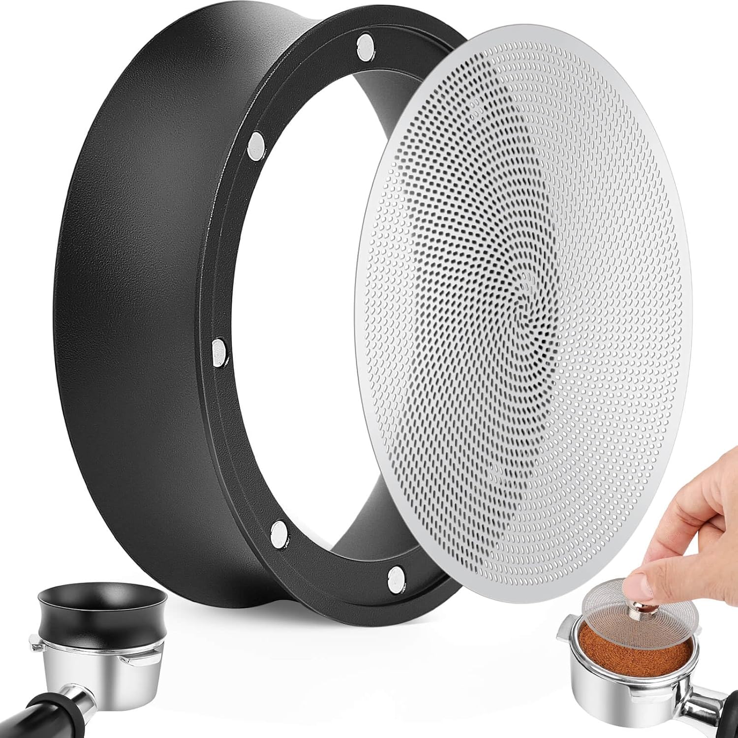 58mm Magnetic Dosing Funnel and Puck Screen Set - Espresso Coffee Dosing Ring - 19mm Anodized Aluminum with 8 magnetized Steel Compatible with 58mm Portafilter (Black)