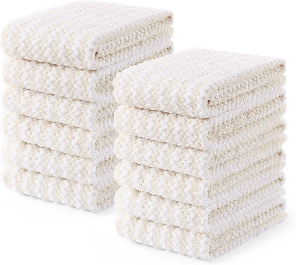 Homaxy Kitchen Towels(12 Pack, 10 x 20 inches), Ultra Soft and Absorbent Dish Towels, Reusable Fast Drying Microfiber Cleaning Cloth, Coral Velvet Wave Design No-lint, Beige