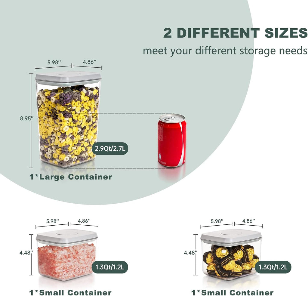 Pop Top Food Storage Containers, 3-Piece Pantry Containers with Lids Airtight, BPA Free Pop Containers for Food Storage, 2 * 1.3Qt+2.9Qt