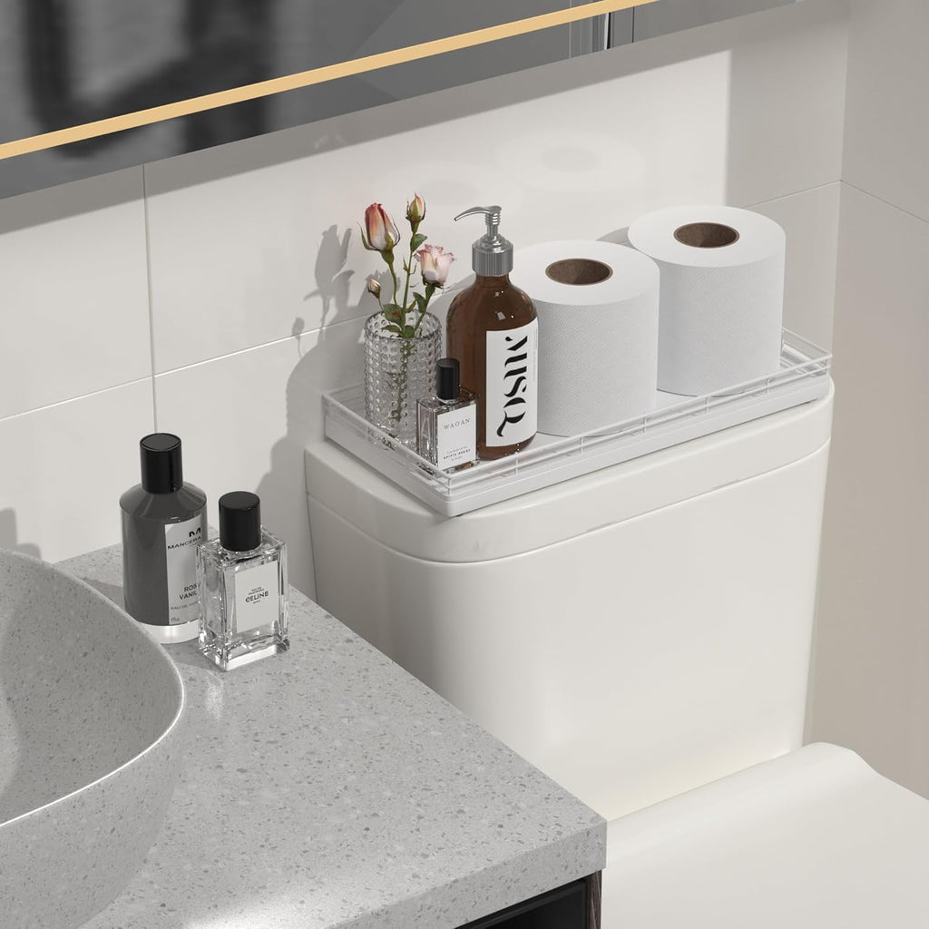 Oak Bathroom Toilet Tank Tray, 13" Wood Toilet Paper Storage Basket Tray Back of Toilet Basket Organizer,for Perfume Makeup Candle Kitchen Counter Coffee Table Decor White