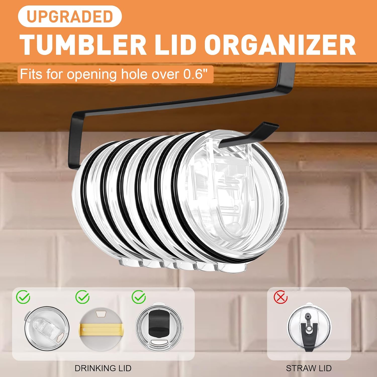 Tumbler Lid Organizer, 2 Pack Coffee Mug Holder for Yeti Tumbler Lid, Space Saving Mug Hanger Rack Holds Up to 12 Lids, Cup Holder Under Cabinet, Water Bottle Lid Holders for Kitchen Storage