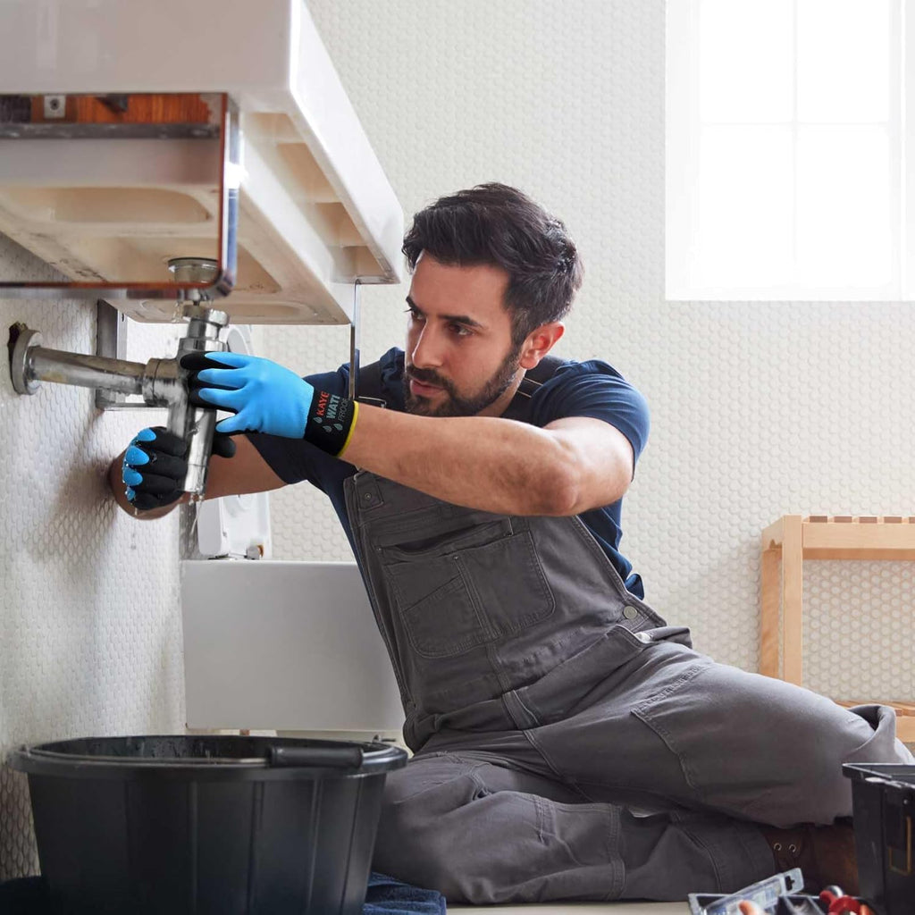 KAYGO Waterproof Work Gloves for Men and Women, Rubber Coated Non-slip Working Gloves for Garden, Outdoor Construction,KG150 （Sky Blue,L）