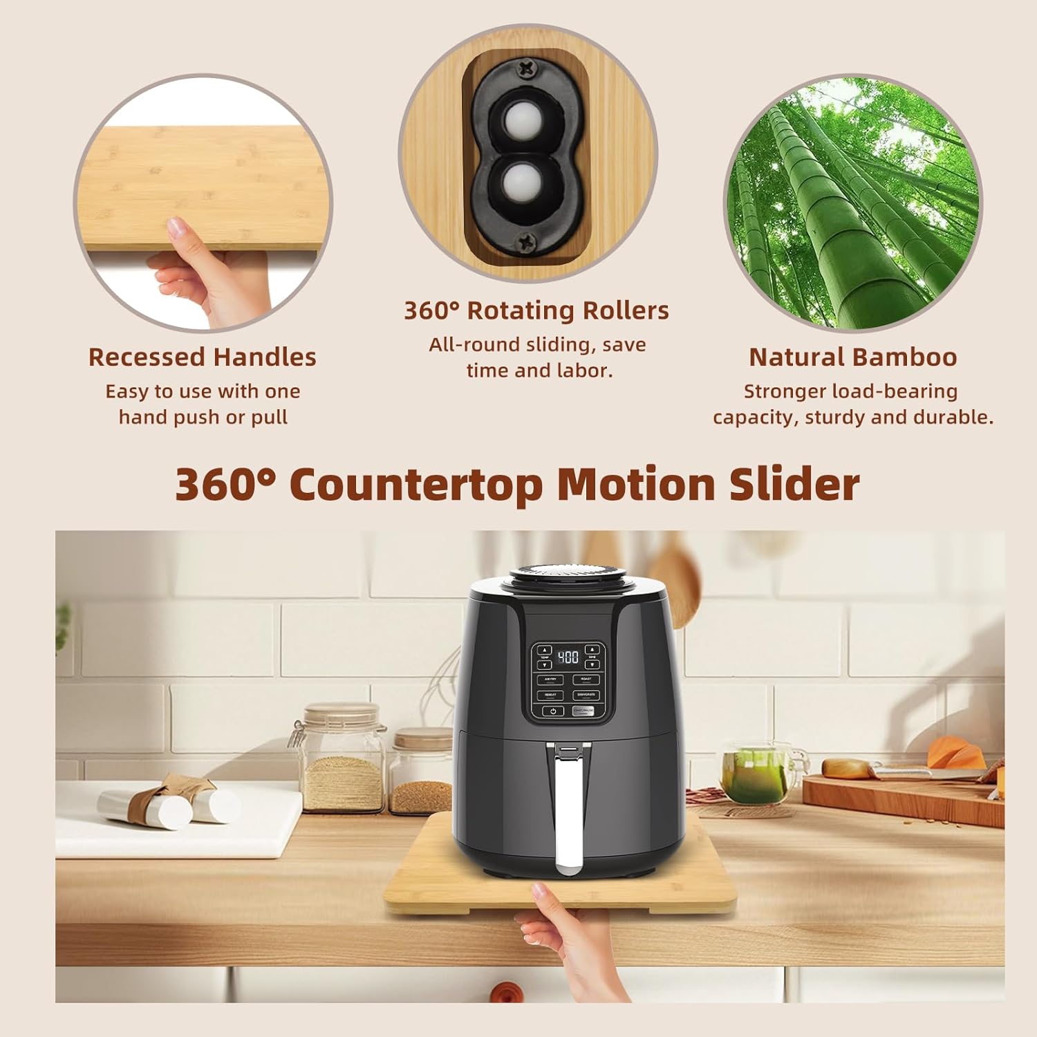 360° Rolling Tray Bamboo Appliance Slider for Kitchen Appliances, Coffee Maker Mat Tray for Countertops Sliding Tray for Coffee Maker Appliances Mat Easily from Under The Cabinet Natural11.6×13.9