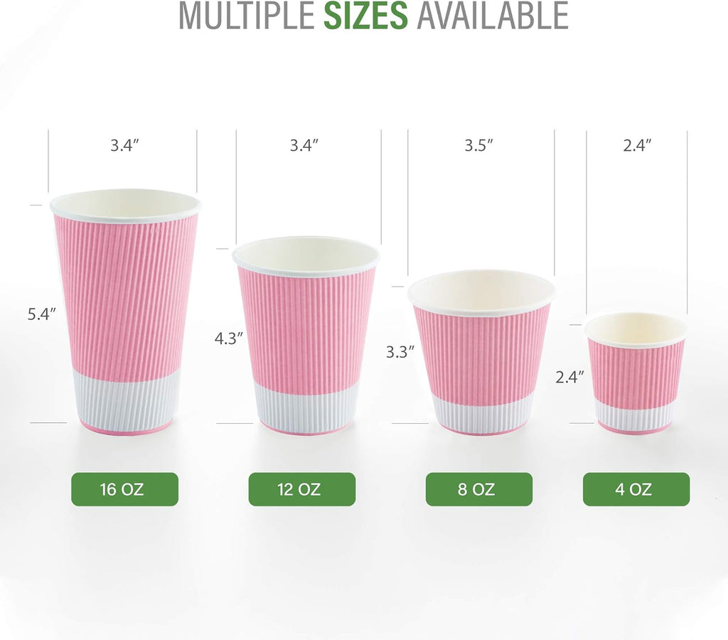 Restaurantware 16 Ounce Ripple Wall Disposable Coffee Cups, 500 Insulated Light Pink Paper Tumblerss for Hot Drinks like Tea and More, Rolled Rim Design, Lids Sold Separately