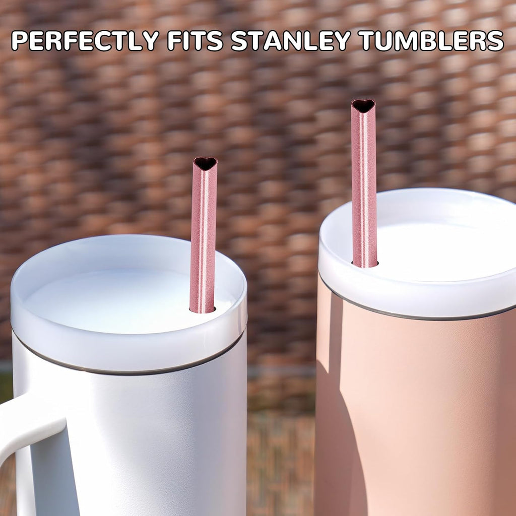 NiHome 12-Inch Heart-Shaped Stainless Steel Drinking Straws for Stanley Tumbler 40oz 10-Pack with 2 Cleaning Brushes, Reusable for Hot & Cold Drinks, Dishwasher Safe, Safe Edges for Kids (Pearl Pink)