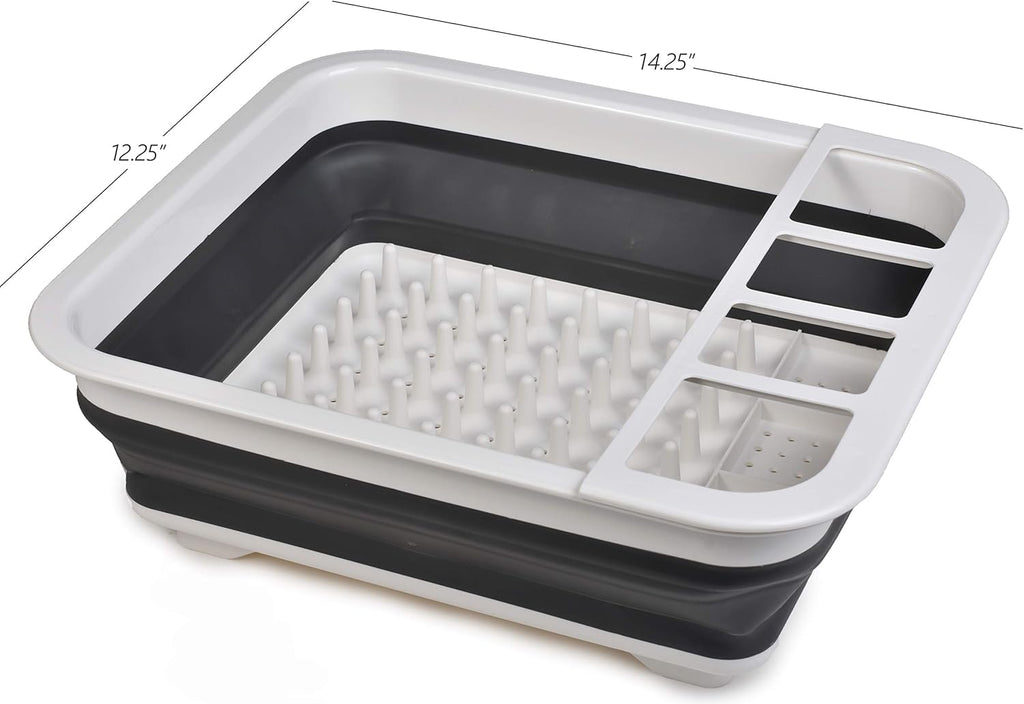 Masirs Pop-Up Collapsible Dish Drying Rack: Convenient Storage, Drains into Sink, Eight Large Plate Capacity, Sectional Cutlery and Utensil Compartment. Compact and Portable Design.