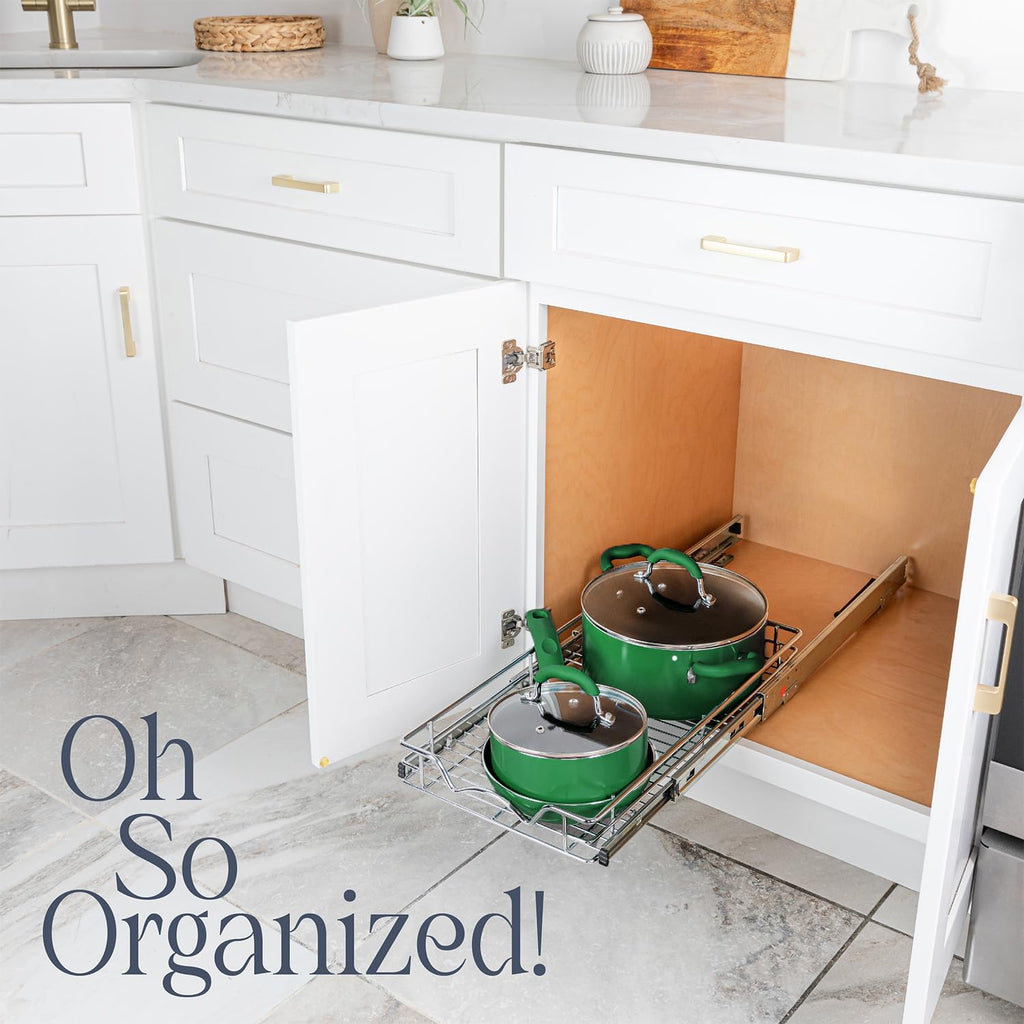 HOLDN’ STORAGE Pull Out Cabinet Organizer - Heavy Duty Steel with Smooth Slide-Out Drawers, Chrome Finish - 20" W x 17" D Basket, Fits 21.25" Cabinet Opening
