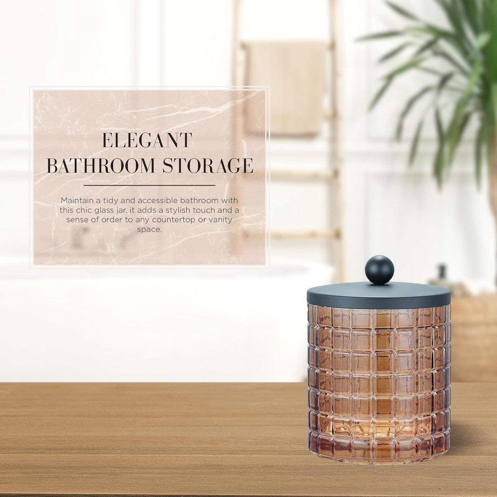 Glass Jar with Metal Lid for Bathroom Organization, Clear Apothecary Jar for Cotton Balls, Q Tips, and Small Accessories, Stylish Bathroom Storage Container Amber, Black