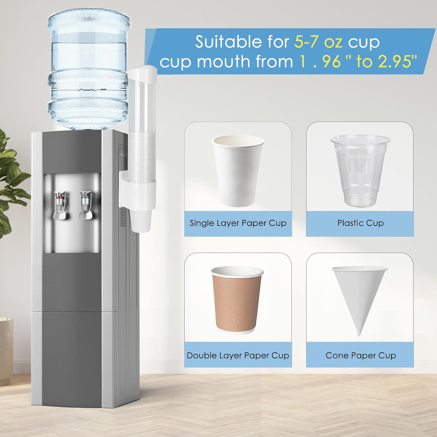 Cup Dispenser Medium Pull Type, Paste or Screw Plate Mountable Cup Holder, Fits 5oz - 7oz Cone or Flat Bottom Cups, 16” Tube Length, Mounting Water Dispenser Cooler or Wall (Medium, White)