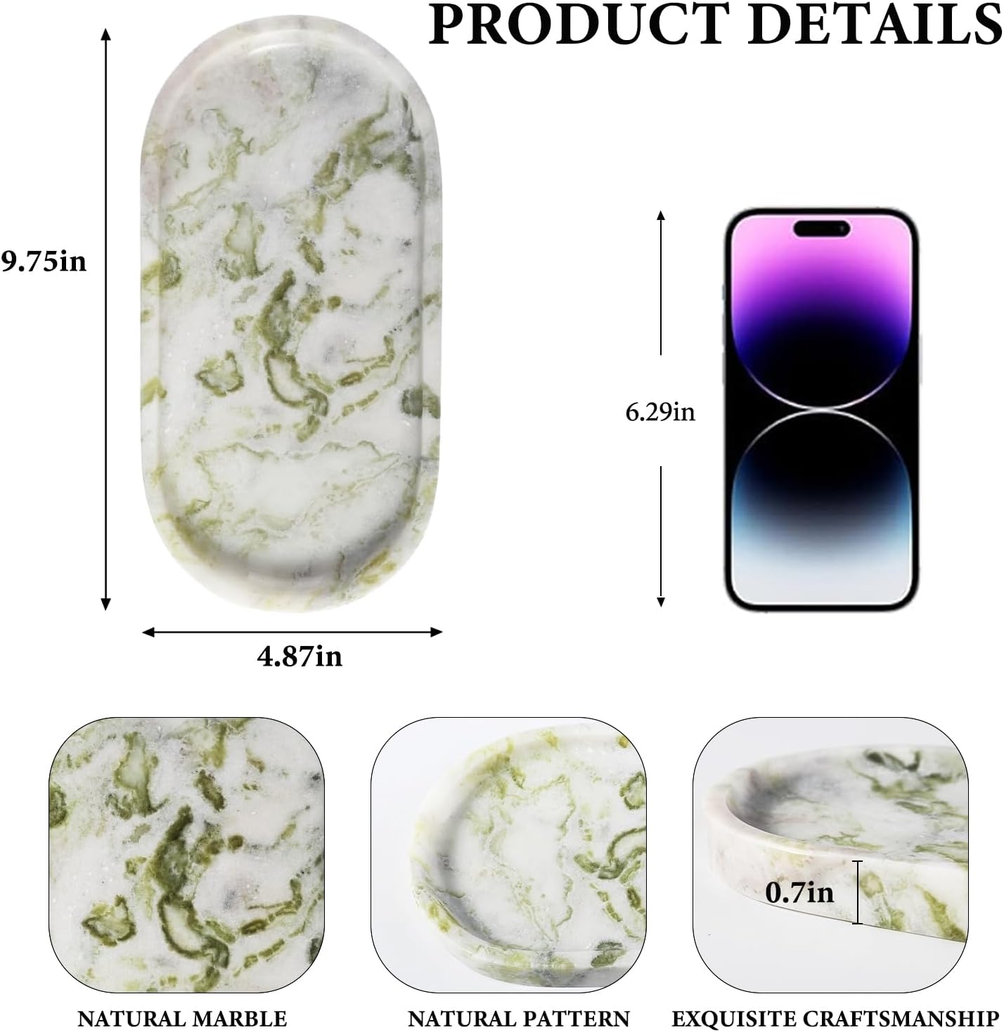 Koville Marble Vanity Tray for Bathroom Countertop, Green Marble Bathroom Tray Perfume Trays for Dresser, Stone Jewelry Dish Stone Trays for Kitchen Counter, Candle Holder for Home Decor