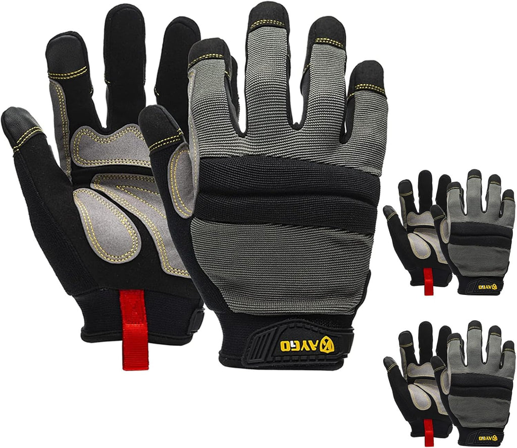 KAYGO Work Gloves For Men, KG125M Mechanic Utility Work Gloves for All Purpose, Excellent Grip, Heavy Duty, Improved Dexterity, Touch Screen,Large,3 Pair