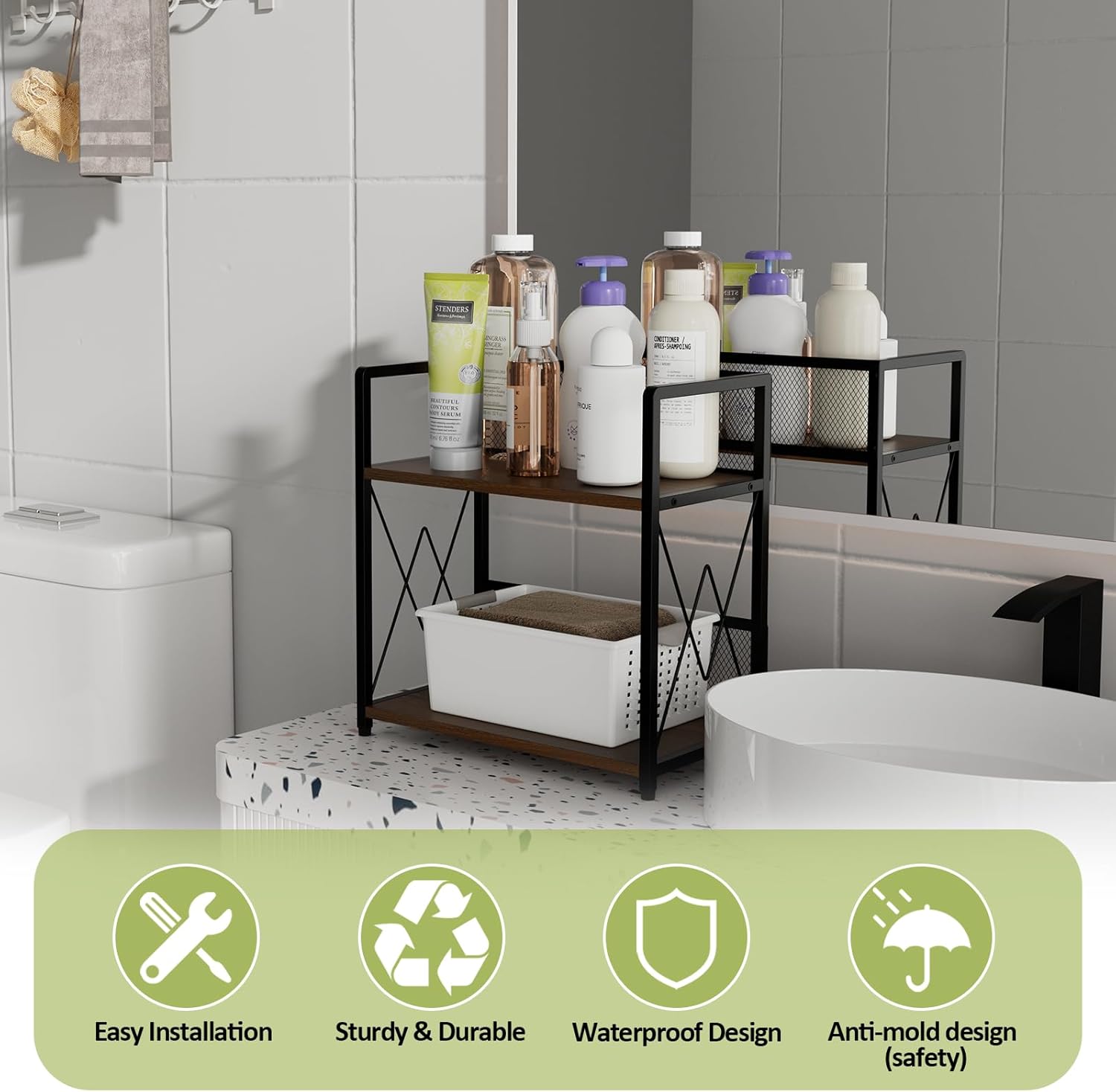 Aduanbang Coffee Bar Accessories Organizer, Seasoning Organizer, 2 Tier Wooden Kitchen Counter Shelf, Coffee Organizer Station for Countertop, Coffee Condiment Rack for Mugs, Cups, Cream, Syrup