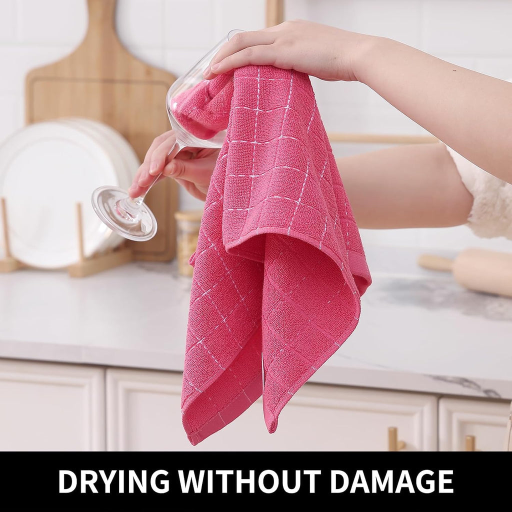 Homaxy 100% Cotton Terry Kitchen Towels(Rose Red, 13 x 28 inches), Checkered Designed, Soft and Super Absorbent Dish Towels, 6 Pack