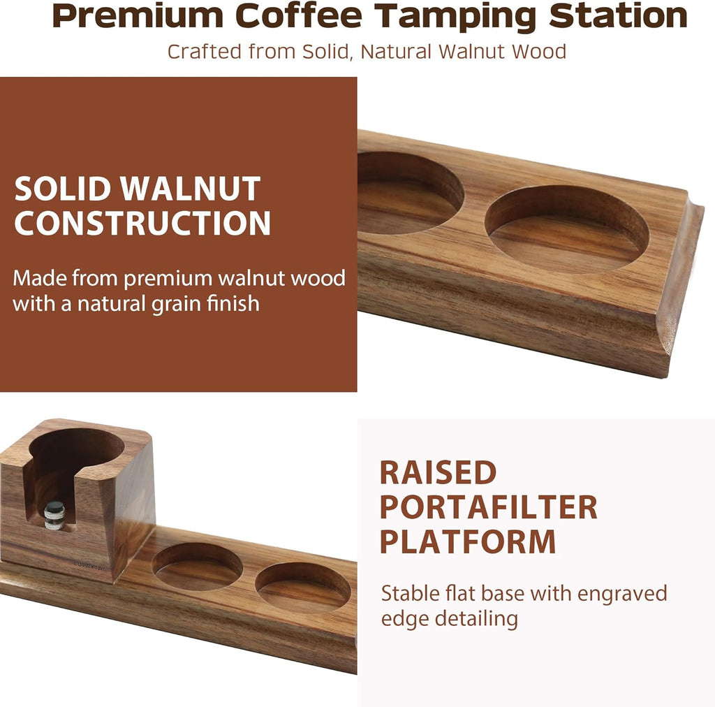 Walnut Espresso Tamping Station 54mm – Coffee Tamper Station with Raised Portafilter Platform, Flat Anti-Slip Base & Natural Wood Texture – Espresso Tamper Station for Home Barista Setup