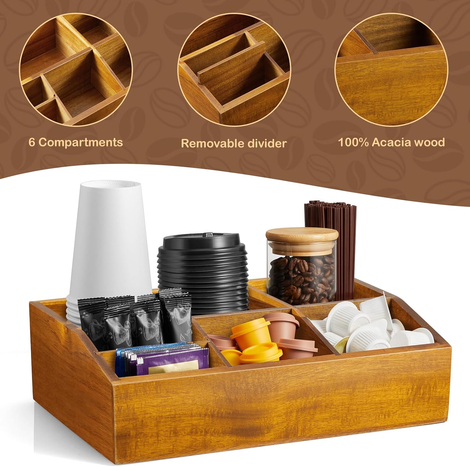 Acacia Wood Coffee Station Organizer for Countertop, Coffee Bar Accessories and Organizer, Pod Holder Storage Basket for K Cup Sugar Tea Bag