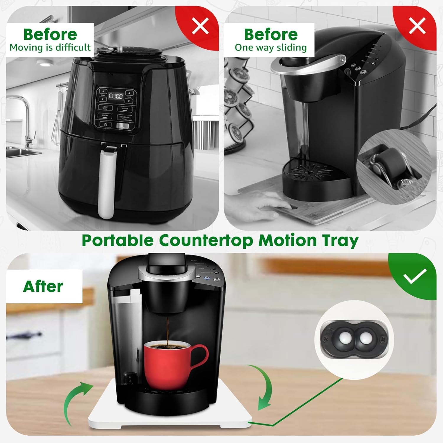 Appliance Slider 360° Rolling Tray for Coffee Maker- Bamboo Coffee Pot Slider Tray Countertop Rotation Sliding Tray with Wheels, Small Appliances Mat Easily from Under The Cabinet White(13.9"×11.6")