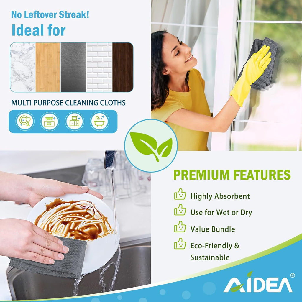 AIDEA Microfiber Cleaning Cloth Grey 50PK, Microfiber Towels for Cars, Premium Car Cloths, Dusting Cloth Lint Free Cleaning Rags for SUVs, House, Kitchen, Window, Workshops,11.5×11.5"