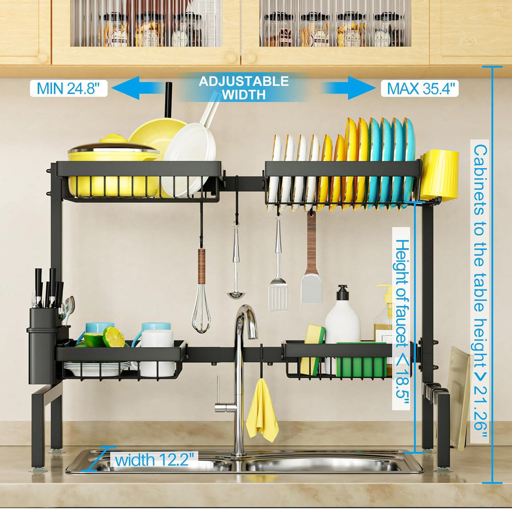SNSLXH［2-Tier 4 Baskets］Over The Sink Dish Drying Rack, 24.8"-35.4", Large Sink Rack for Kitchen, Extensible and Adjustable, Saving Kitchen Space