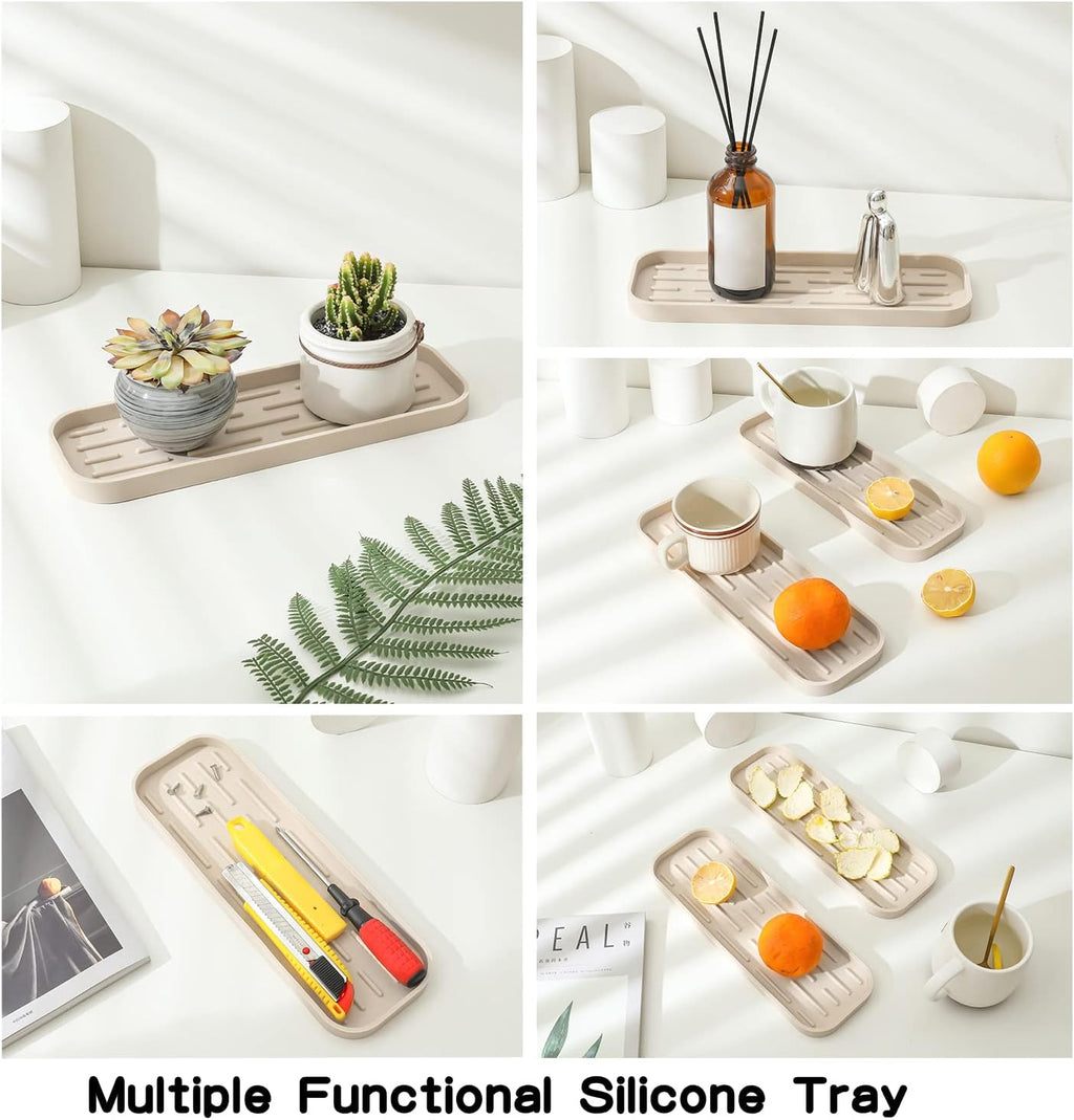 Silicone Kitchen Sink Organizer Tray for Multiple Usage,Eco-Friendly Sponges Holder for Kitchen Bathroom Counter or Sink,Dish Soap Dispenser,Scrubber,Bottle,Cup (Tapioca, 12"×4")