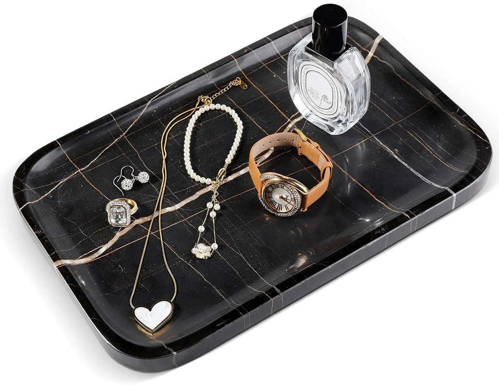 Koville Marble Tray, 12"x8" Marble Vanity Tray for Bathroom Kitchen Countertop, Rectangular Stone Tray for Cosmetics Perfume Trinket, Decorative Catchall Trays (Black)
