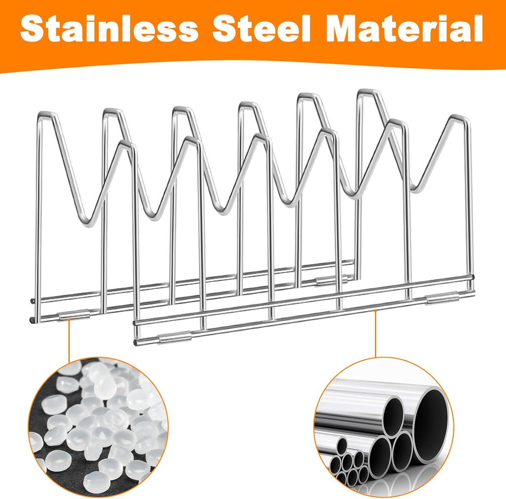 3 Pack Pot Lid Organizer for Cabinet, Stainless Steel Pot Lid Holder with Anti-slip Silicone Mat, Lid Rack for Pans Pots, Bakeware, Plates, Cookie Sheets, Trays, Cutting Boards, Silver