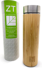 Dr. Zisman ZT Double-Walled Stainless-Steel Tea Infuser Bottle or Travel Mug Cup Container - Leak-Free Insulated Thermos Tumbler for Keeping Hot and Cold Water or Beverages (Bamboo)